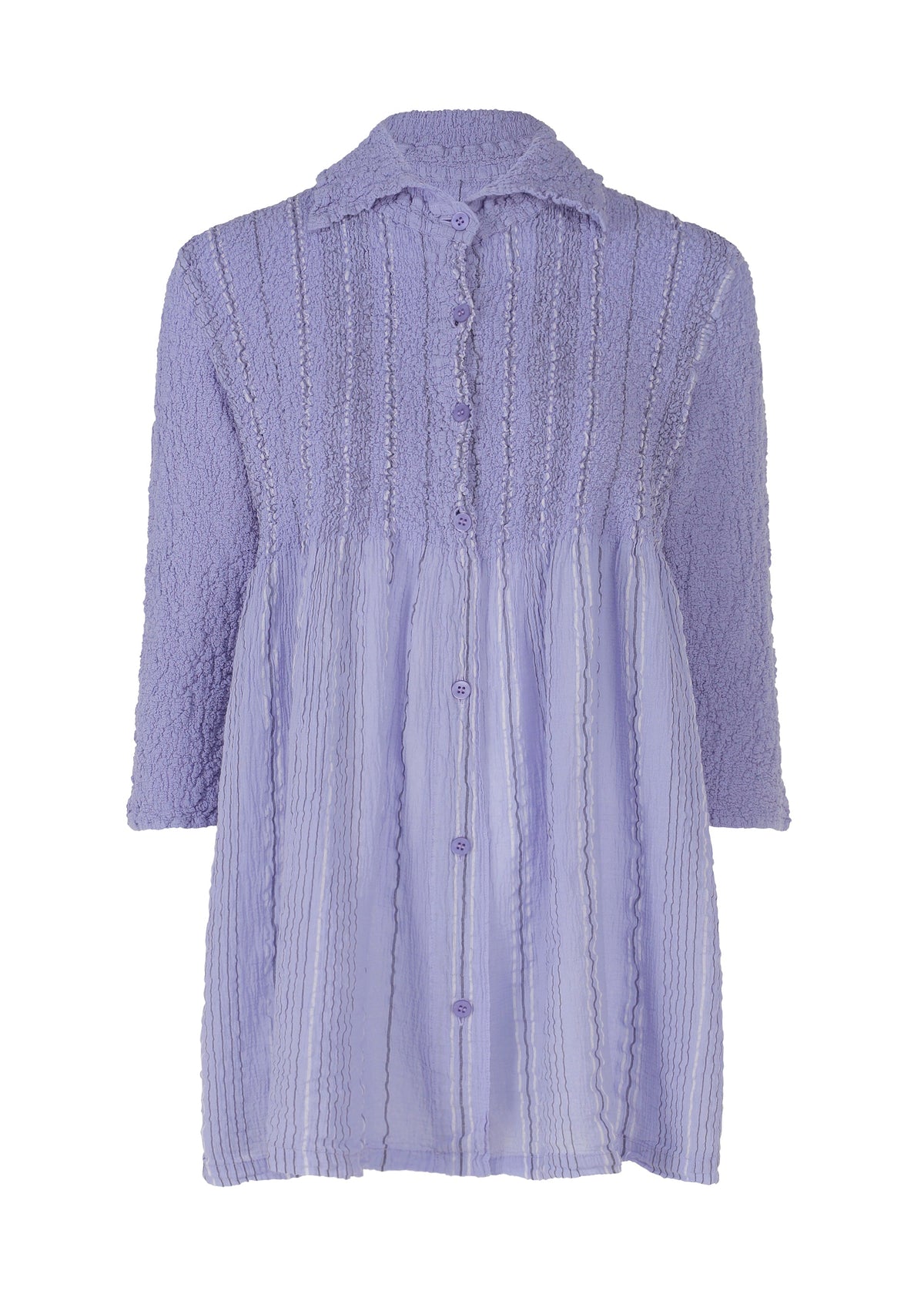 The SHIRT STRIPE CAULIFLOWER by me ISSEY MIYAKE is a lavender cotton long-sleeved shirt dress featuring a collared neckline, textured upper section, and vertical stripe detailing. view 3 of 7