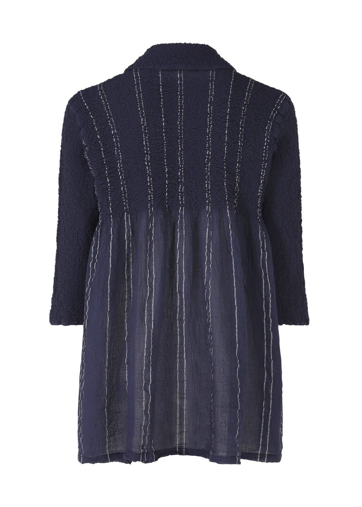 The SHIRT STRIPE CAULIFLOWER by me ISSEY MIYAKE is a navy cotton blouse with a loose fit, subtle collar, textured upper back, and vertical stripes on the lower half. Shown from the back. view 4 of 7