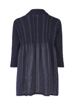 The SHIRT STRIPE CAULIFLOWER by me ISSEY MIYAKE is a navy cotton blouse with a loose fit, subtle collar, textured upper back, and vertical stripes on the lower half. Shown from the back.