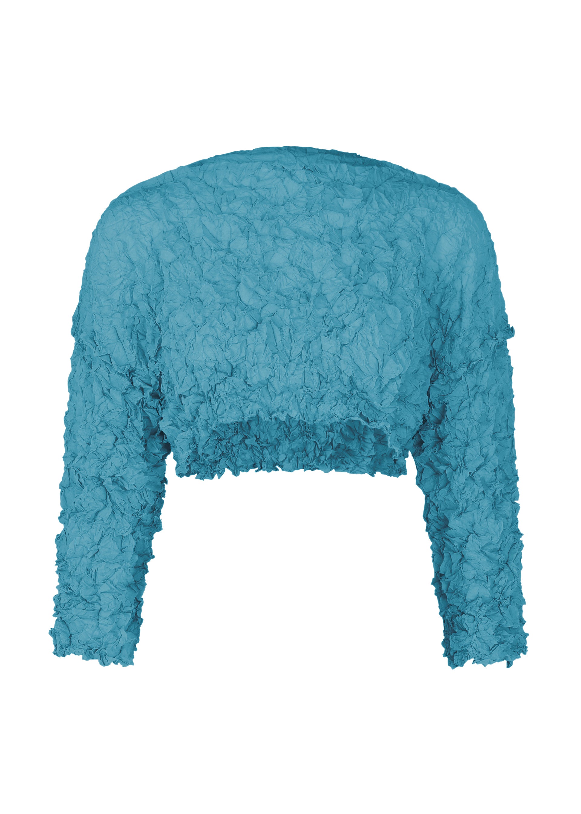 Zoomed view The MERINGUE TOP by me ISSEY MIYAKE is a teal, long-sleeved cropped top made from textured crushed pleat fabric. It features a round neckline, slightly loose fit, and is shown against a plain white background. - LIGHT BLUE （no.70）
