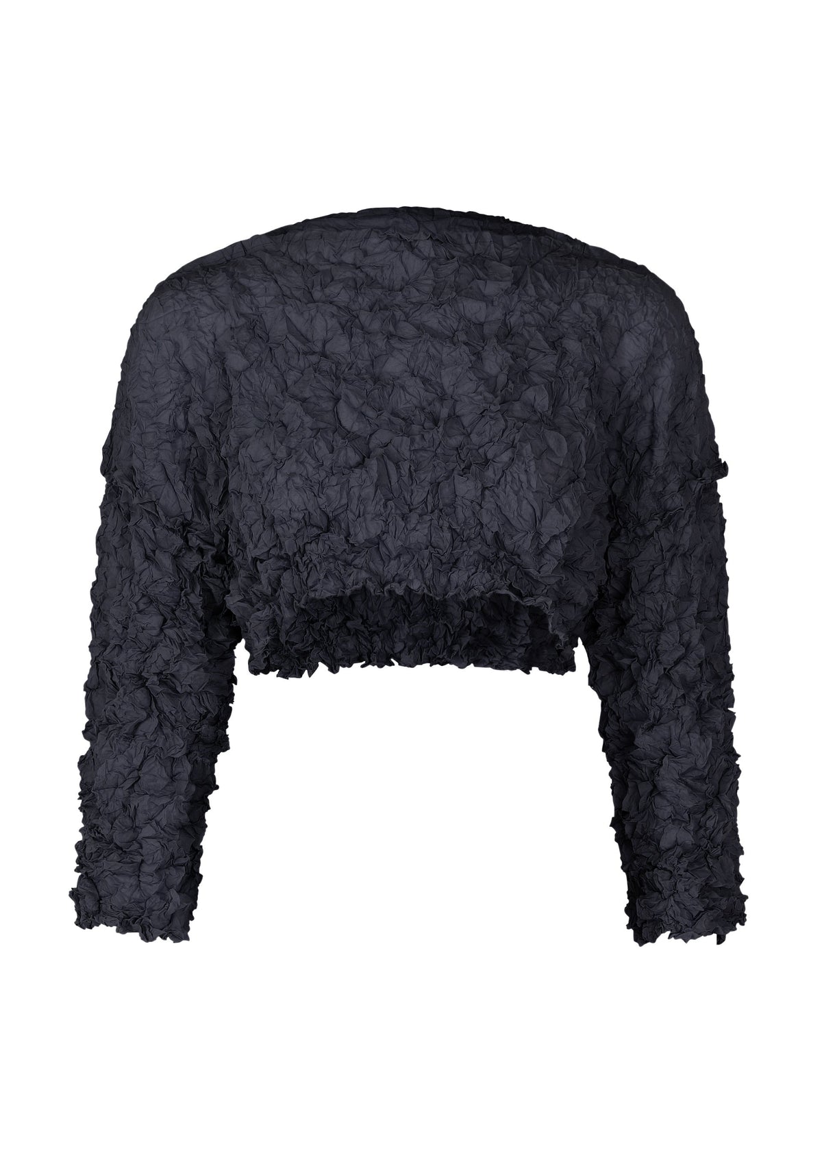 The MERINGUE TOP by me ISSEY MIYAKE is a black, long-sleeved cropped top featuring a stylish crushed pleat texture, shown against a white background. view 4 of 9