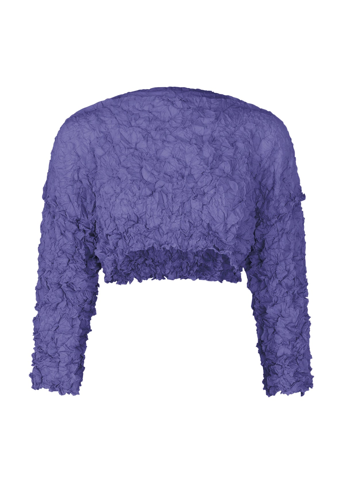 The MERINGUE TOP by me ISSEY MIYAKE is a long-sleeved, cropped top in deep purple with a stylish crushed pleat texture, shown against a white background. view 5 of 9