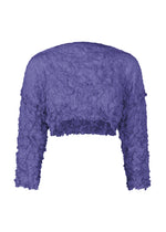 The MERINGUE TOP by me ISSEY MIYAKE is a long-sleeved, cropped top in deep purple with a stylish crushed pleat texture, shown against a white background. - PURPLE （no.81）