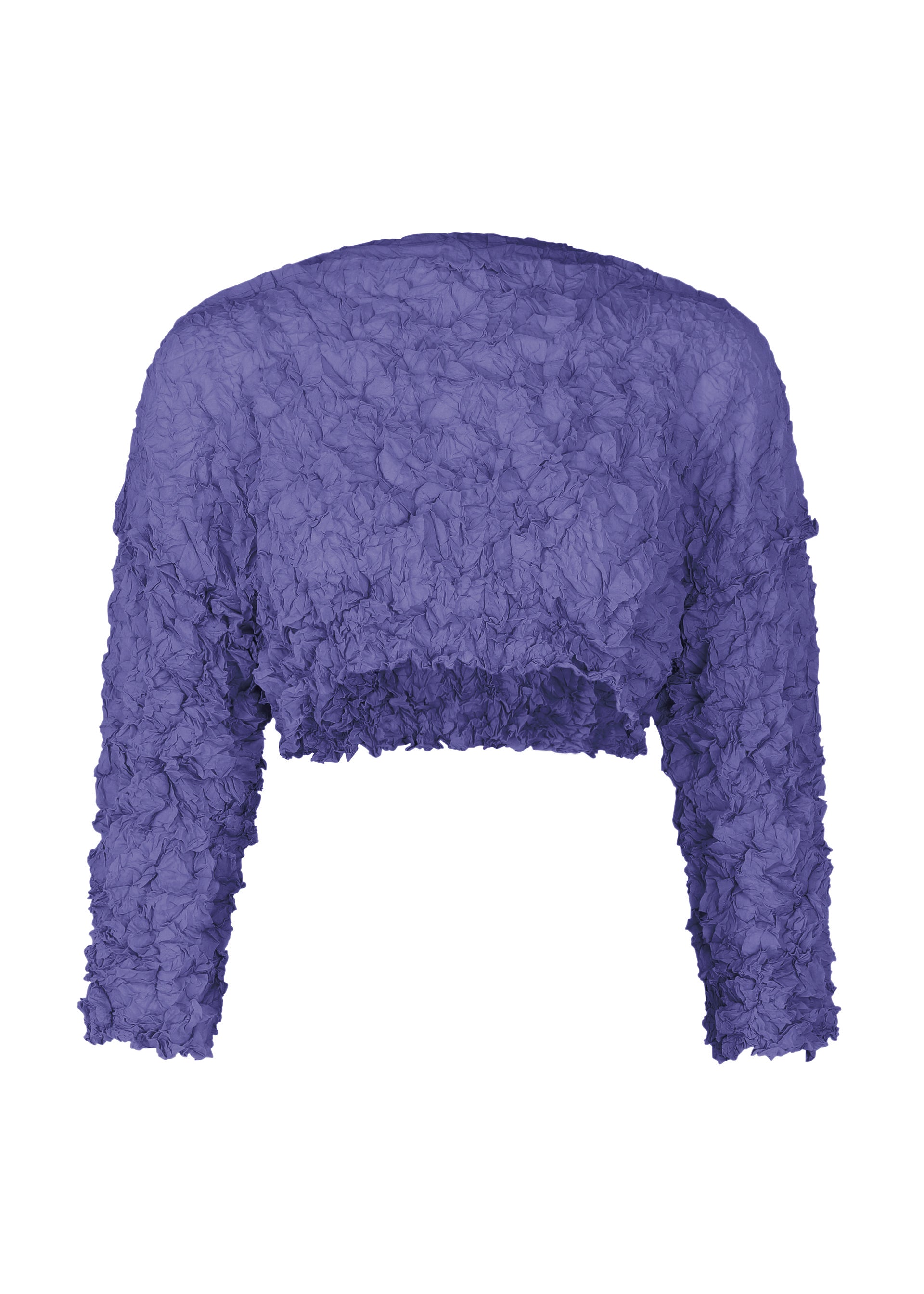 Zoomed view The MERINGUE TOP by me ISSEY MIYAKE is a long-sleeved, cropped top in deep purple with a stylish crushed pleat texture, shown against a white background. - PURPLE （no.81）