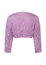 The MERINGUE TOP by me ISSEY MIYAKE is a light purple cropped top with long sleeves and a distinctive crushed pleat texture, shown against a white background.