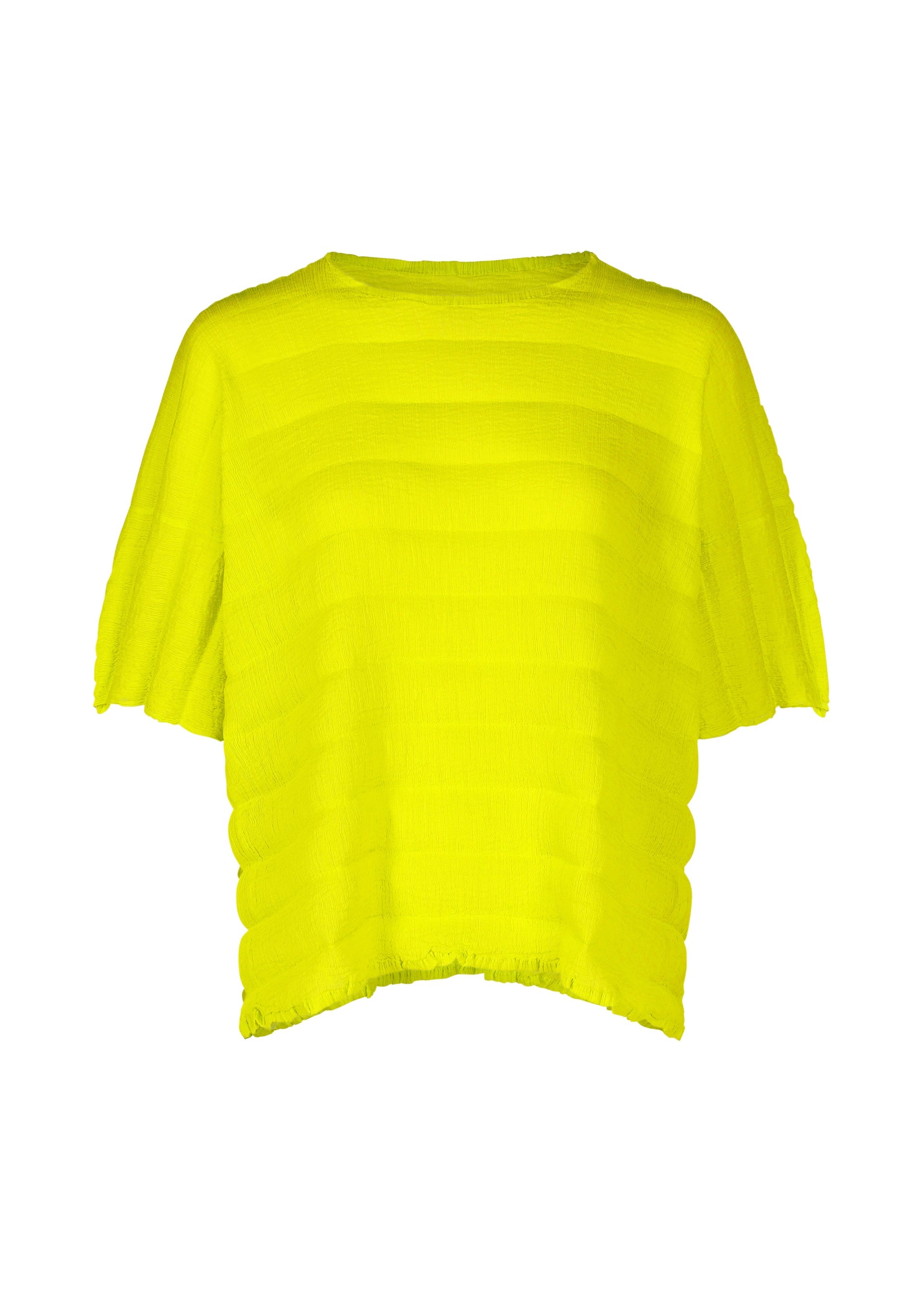 Zoomed view The RIPPLE SEE-THROUGH CREPE by me ISSEY MIYAKE is a bright yellow, short-sleeve, loose-fit crepe top with horizontal ribbed details and garment-dyed fabric, shown on a plain white background. - LIME YELLOW （no.51）