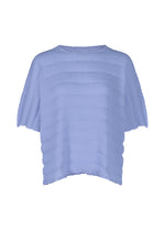 The RIPPLE SEE-THROUGH CREPE blouse by me ISSEY MIYAKE is a light blue, short-sleeved, loose-fit top with a horizontal ribbed texture and frayed hem and sleeves. Shown on a plain white background. - LAVENDER （no.80）