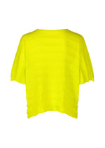 The RIPPLE SEE-THROUGH CREPE by me ISSEY MIYAKE is a bright yellow, short-sleeved top made from textured, crinkled garment-dyed fabric with a straight neckline and uneven raw edges at the hem and sleeves.