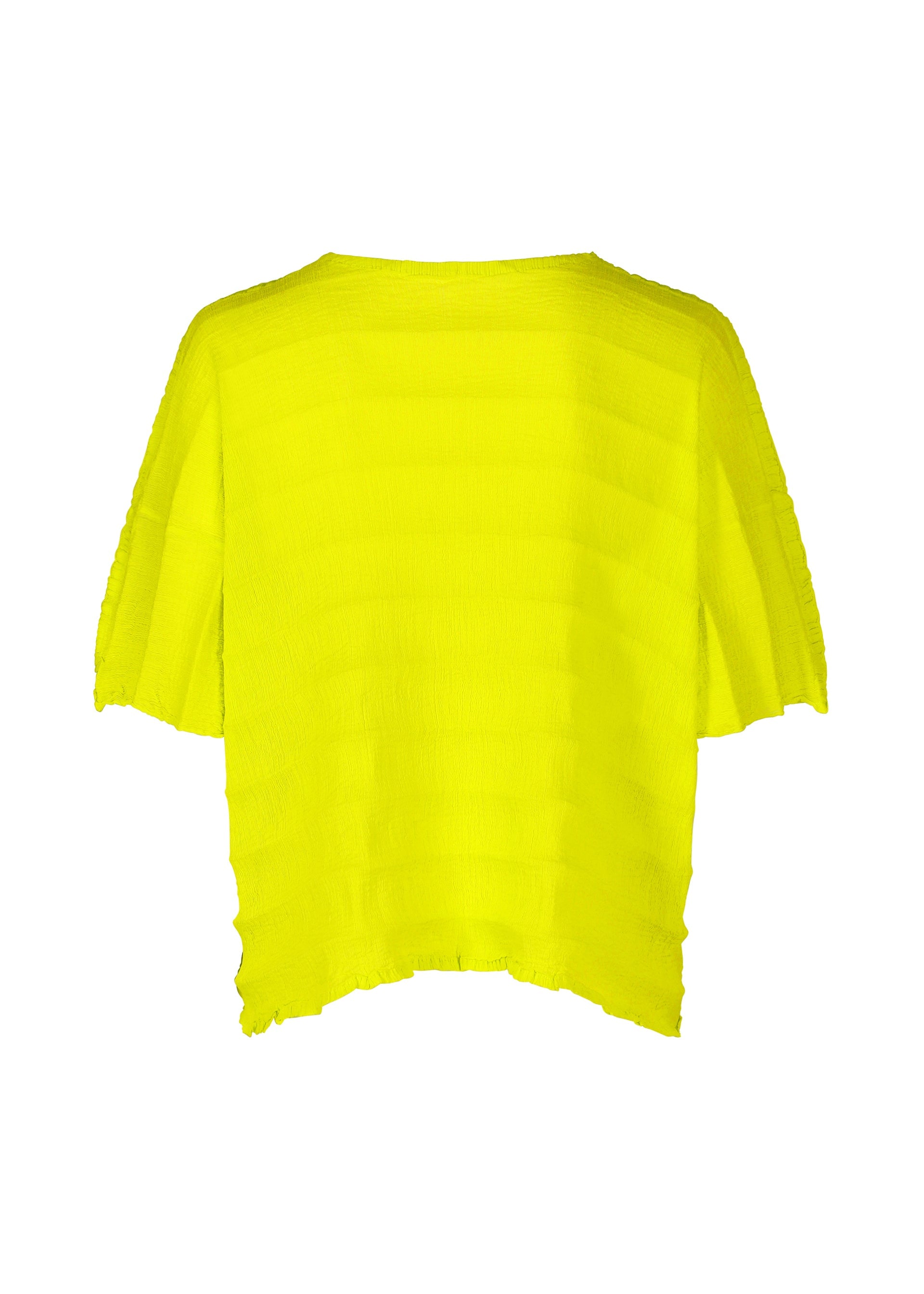 Zoomed view The RIPPLE SEE-THROUGH CREPE by me ISSEY MIYAKE is a bright yellow, short-sleeved top made from textured, crinkled garment-dyed fabric with a straight neckline and uneven raw edges at the hem and sleeves.