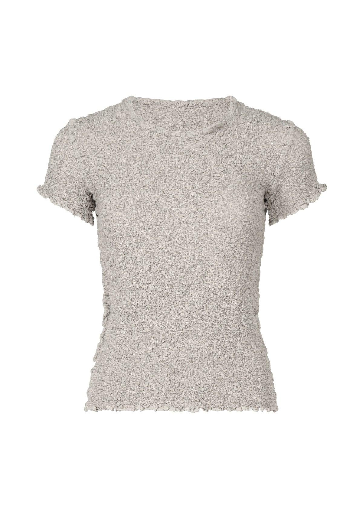 The CAULIFLOWER COLOR top by me ISSEY MIYAKE is a light gray textured cotton women's shirt with short sleeves, a round neck, and ruffled edges on the sleeves, hem, and collar, shown against a white background. view 1 of 7