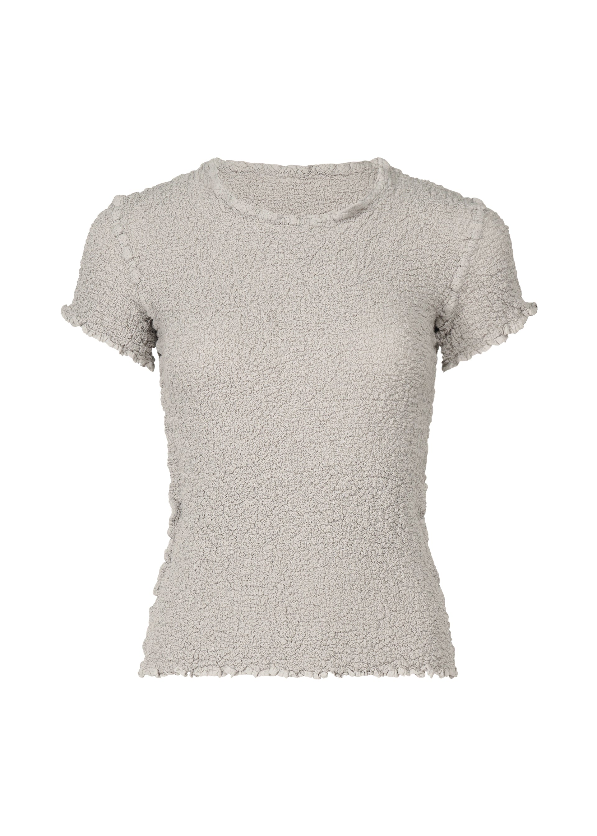 Zoomed view The CAULIFLOWER COLOR top by me ISSEY MIYAKE is a light gray textured cotton women's shirt with short sleeves, a round neck, and ruffled edges on the sleeves, hem, and collar, shown against a white background. - LIGHT GRAY （no.11）