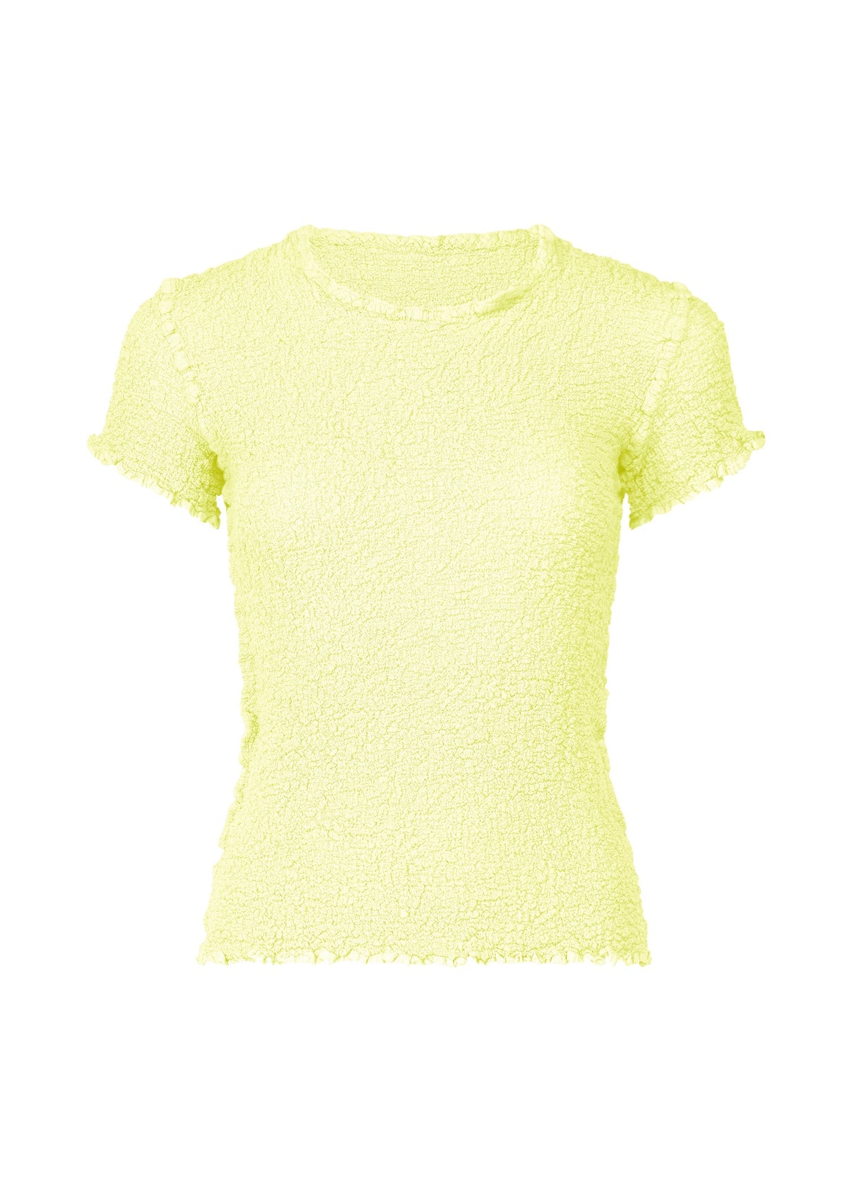 The CAULIFLOWER COLOR by me ISSEY MIYAKE is a light yellow, short-sleeved cotton top with a fitted shape and ruffled details at the sleeves, neckline, and hem, shown on a white background. view 2 of 7