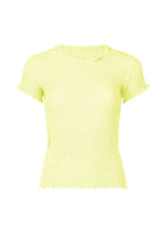 The CAULIFLOWER COLOR by me ISSEY MIYAKE is a light yellow, short-sleeved cotton top with a fitted shape and ruffled details at the sleeves, neckline, and hem, shown on a white background. - CITRUS YELLOW （no.50）