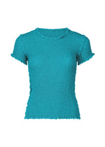 The CAULIFLOWER COLOR top by me ISSEY MIYAKE features bright turquoise cotton, short sleeves, textured fabric, a crew neckline, and ruffled edges on sleeves, hem, and collar. Shown against a plain white background. - TURQUOISE （no.73）