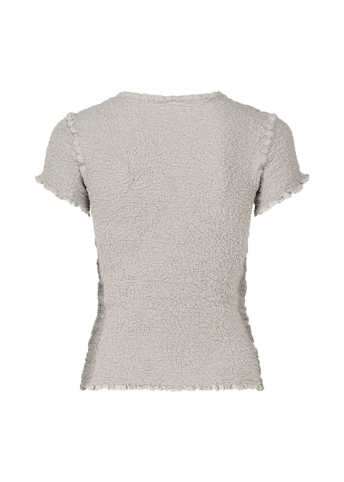 The CAULIFLOWER COLOR top by me ISSEY MIYAKE is a light gray, textured, round-neck piece with a fitted silhouette and subtle ruffled edges at the hem, sleeves, and neckline, shown from the back. view 4 of 7
