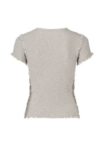 The CAULIFLOWER COLOR top by me ISSEY MIYAKE is a light gray, textured, round-neck piece with a fitted silhouette and subtle ruffled edges at the hem, sleeves, and neckline, shown from the back.