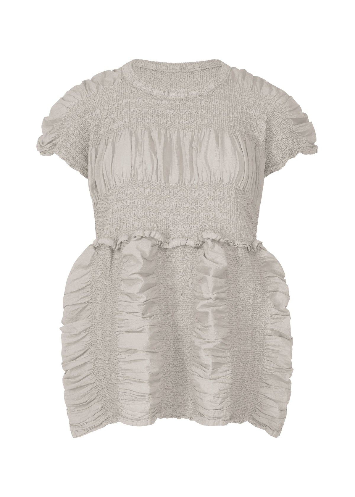 The me ISSEY MIYAKE SHRINK STRIPE is a light gray cotton-blend short-sleeve blouse featuring a round neckline, allover gathered ruched detailing, and a loose, slightly flared silhouette. view 1 of 7