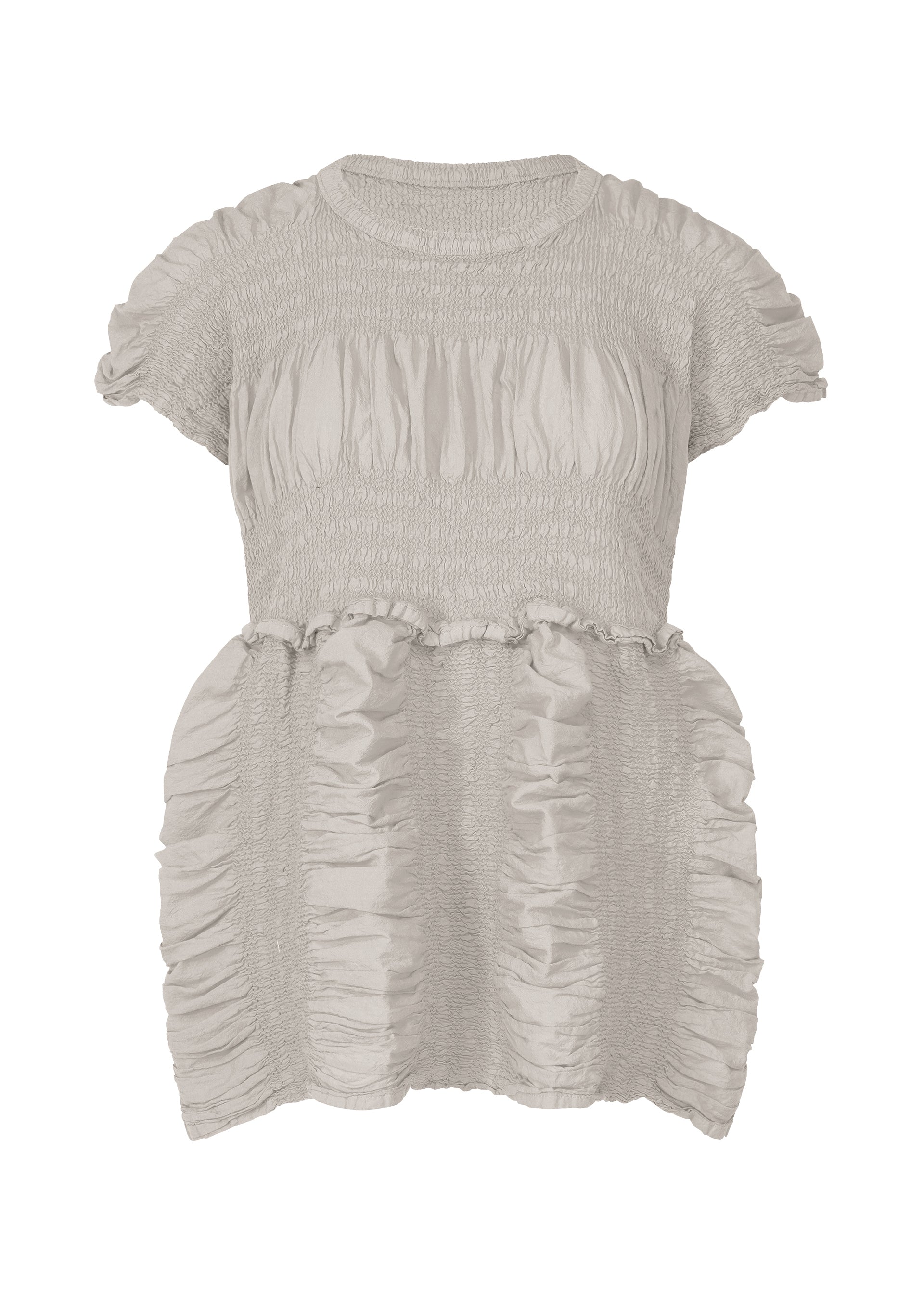 Zoomed view The me ISSEY MIYAKE SHRINK STRIPE is a light gray cotton-blend short-sleeve blouse featuring a round neckline, allover gathered ruched detailing, and a loose, slightly flared silhouette. - LIGHT GRAY （no.11）