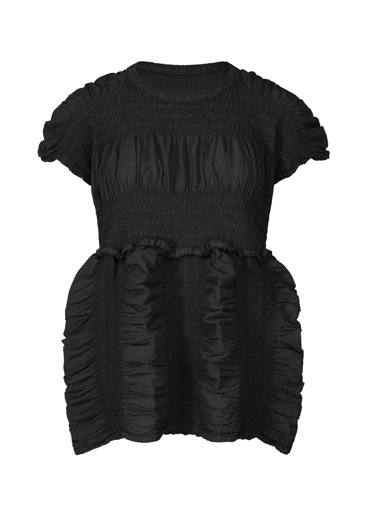 The SHRINK STRIPE blouse by me ISSEY MIYAKE features black, short sleeves, a round neckline, ruffled silhouette, horizontal ruching, and a loose fit in a soft cotton blend. view 2 of 7