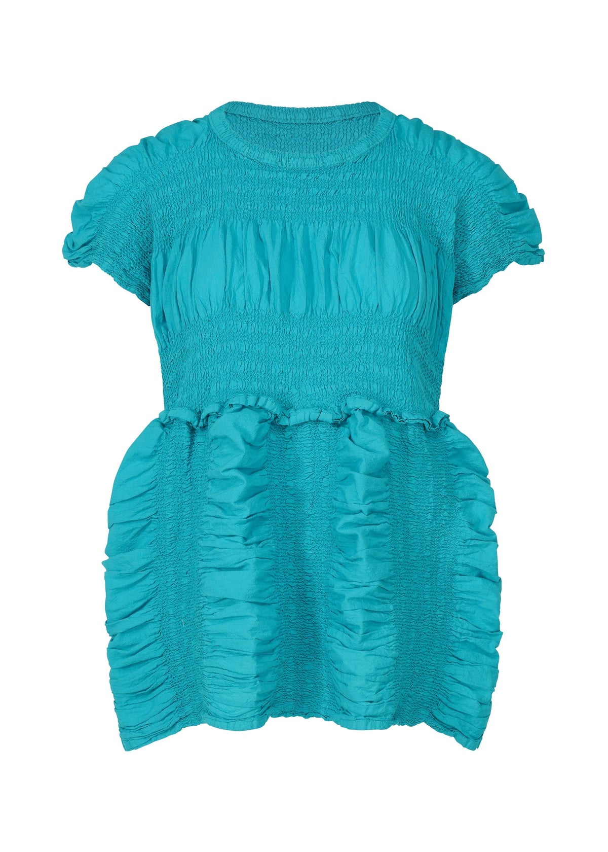 The SHRINK STRIPE dress by me ISSEY MIYAKE features bright turquoise stripes, short sleeves, a round neckline, ruched details, and a fitted textured waistband. Made from a soft cotton blend for a playful, voluminous silhouette perfect for any occasion. view 3 of 7