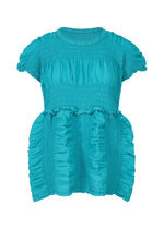 The SHRINK STRIPE dress by me ISSEY MIYAKE features bright turquoise stripes, short sleeves, a round neckline, ruched details, and a fitted textured waistband. Made from a soft cotton blend for a playful, voluminous silhouette perfect for any occasion. - TURQUOISE （no.73）