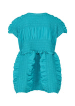 The SHRINK STRIPE top by me ISSEY MIYAKE is a bright turquoise, cotton-blend piece with French sleeves, a smocked bodice, gathered ruffle details for volume, and a softly rounded, uneven hem.