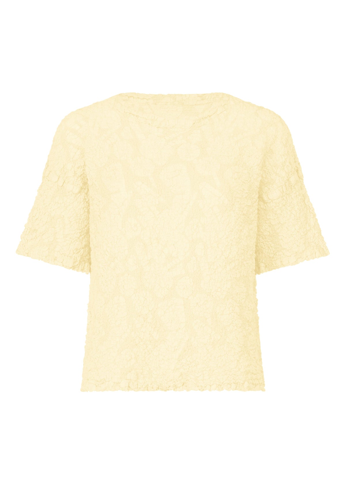 The me ISSEY MIYAKE SURPRISE BOX PRINT CAULIFLOWER is a short-sleeved, pale yellow cotton top with a crinkled pattern, round neckline, and white pigment print, inspired by cauliflower and shown against a white background. view 1 of 7