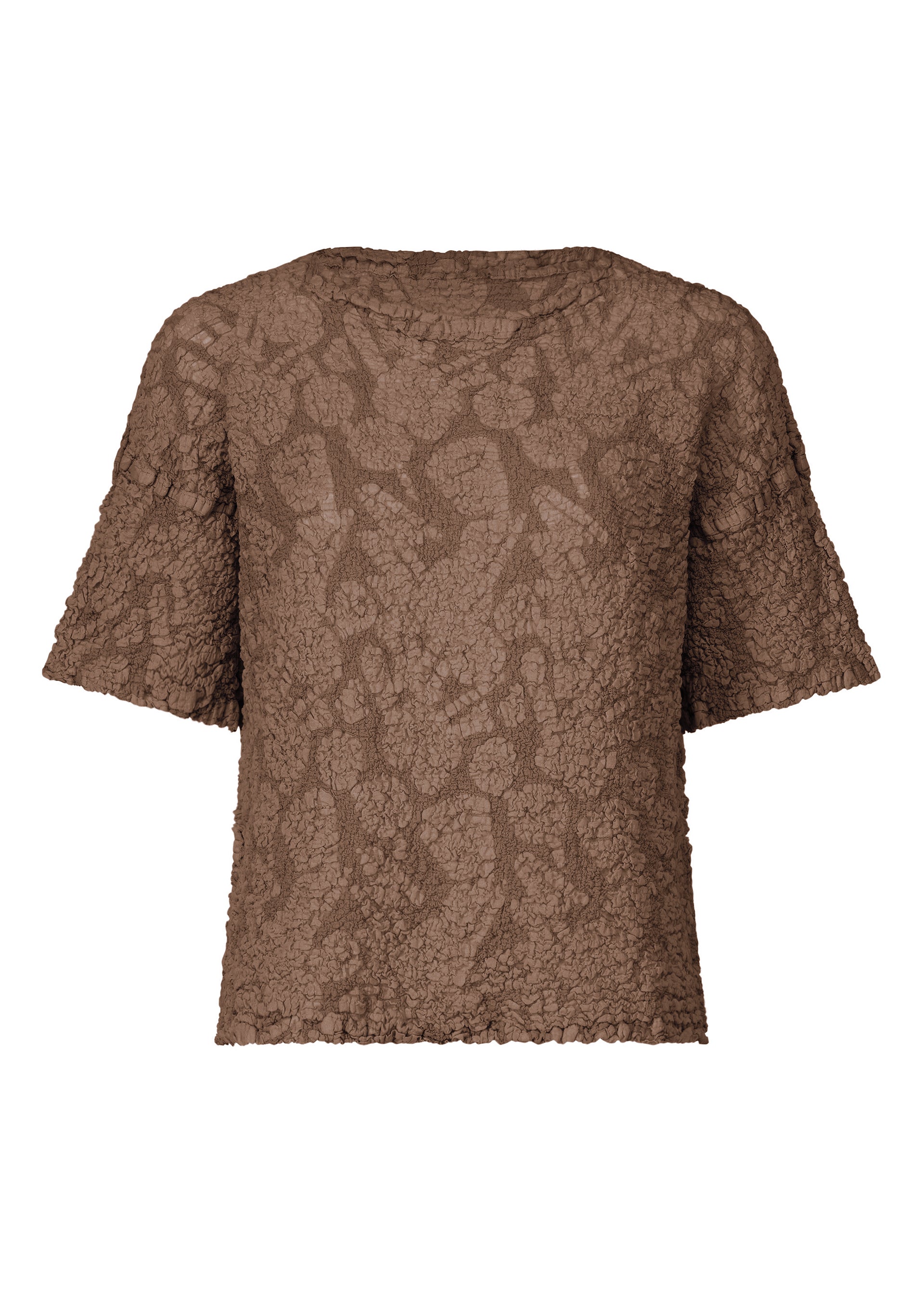 Zoomed view The SURPRISE BOX PRINT CAULIFLOWER top by me ISSEY MIYAKE features brown crinkled cotton, white pigment print, a loose boxy fit, round neckline, and scalloped sleeves and hem for a modern touch. - BROWN-HUED （no.49）