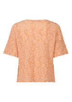 The SURPRISE BOX PRINT CAULIFLOWER by me ISSEY MIYAKE is a peach cotton short-sleeved top with a loose fit and delicate white pigment print, shown from the back against a white background.