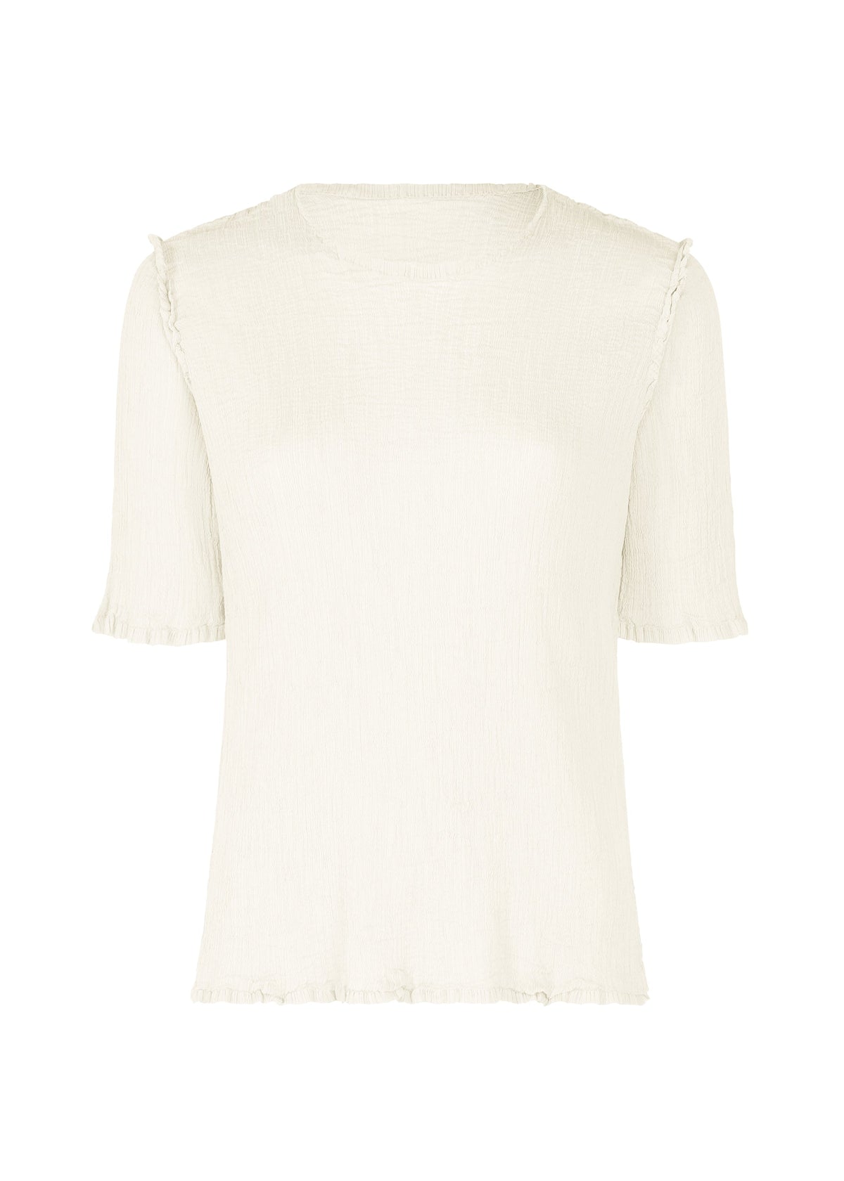 The SEE-THROUGH CREPE COLOR by me ISSEY MIYAKE is a women's off-white, round-neck, short-sleeved top with garment-dyed fabric and delicate ruffled edges on the sleeves and hem, shown against a white background. view 1 of 8