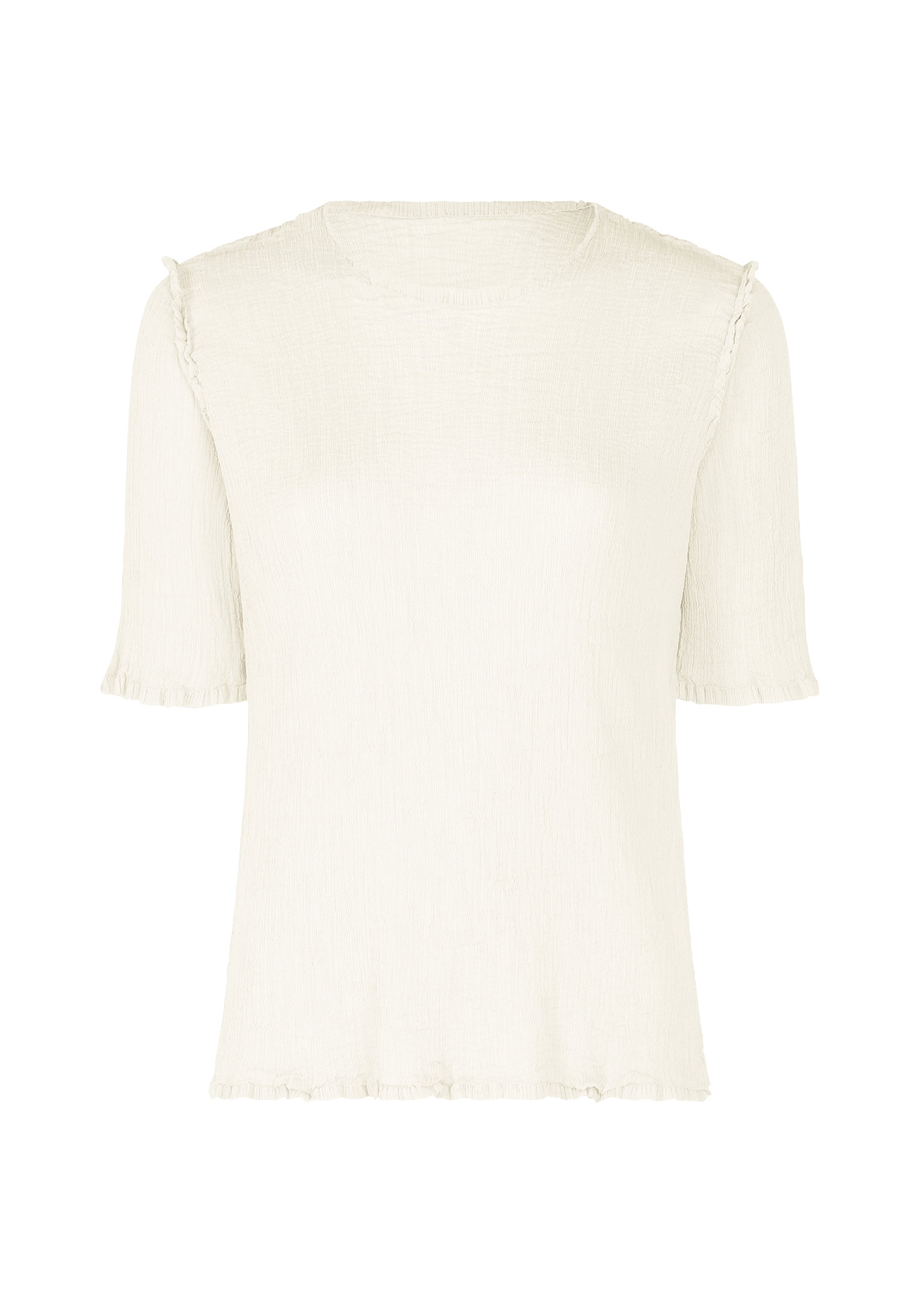 Zoomed view The SEE-THROUGH CREPE COLOR by me ISSEY MIYAKE is a women's off-white, round-neck, short-sleeved top with garment-dyed fabric and delicate ruffled edges on the sleeves and hem, shown against a white background. - WHITE （no.01）