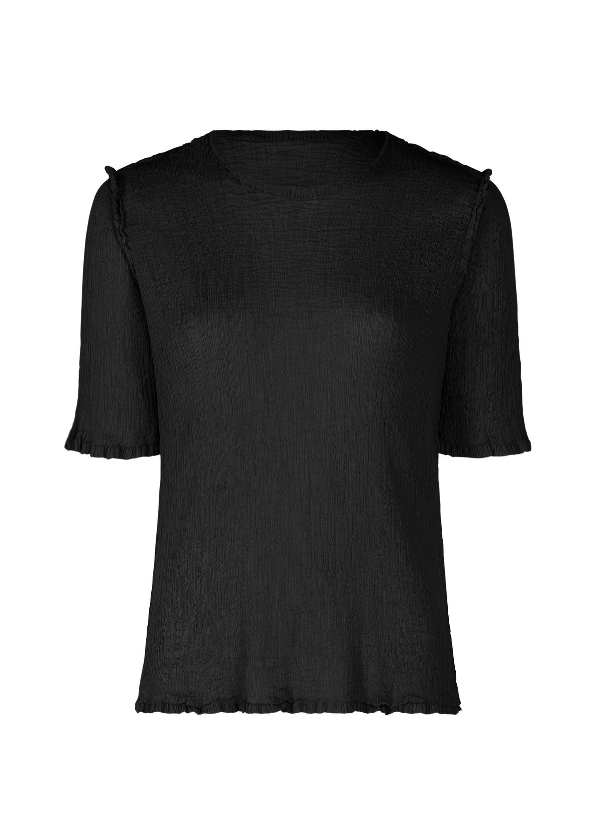 The SEE-THROUGH CREPE COLOR top by me ISSEY MIYAKE is a black, round-neck, short-sleeved shirt made from textured garment-dyed fabric, featuring subtle ruffles on the sleeves and hem, shown against a plain white backdrop. view 2 of 8