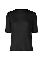 The SEE-THROUGH CREPE COLOR top by me ISSEY MIYAKE is a black, round-neck, short-sleeved shirt made from textured garment-dyed fabric, featuring subtle ruffles on the sleeves and hem, shown against a plain white backdrop. - BLACK （no.15）