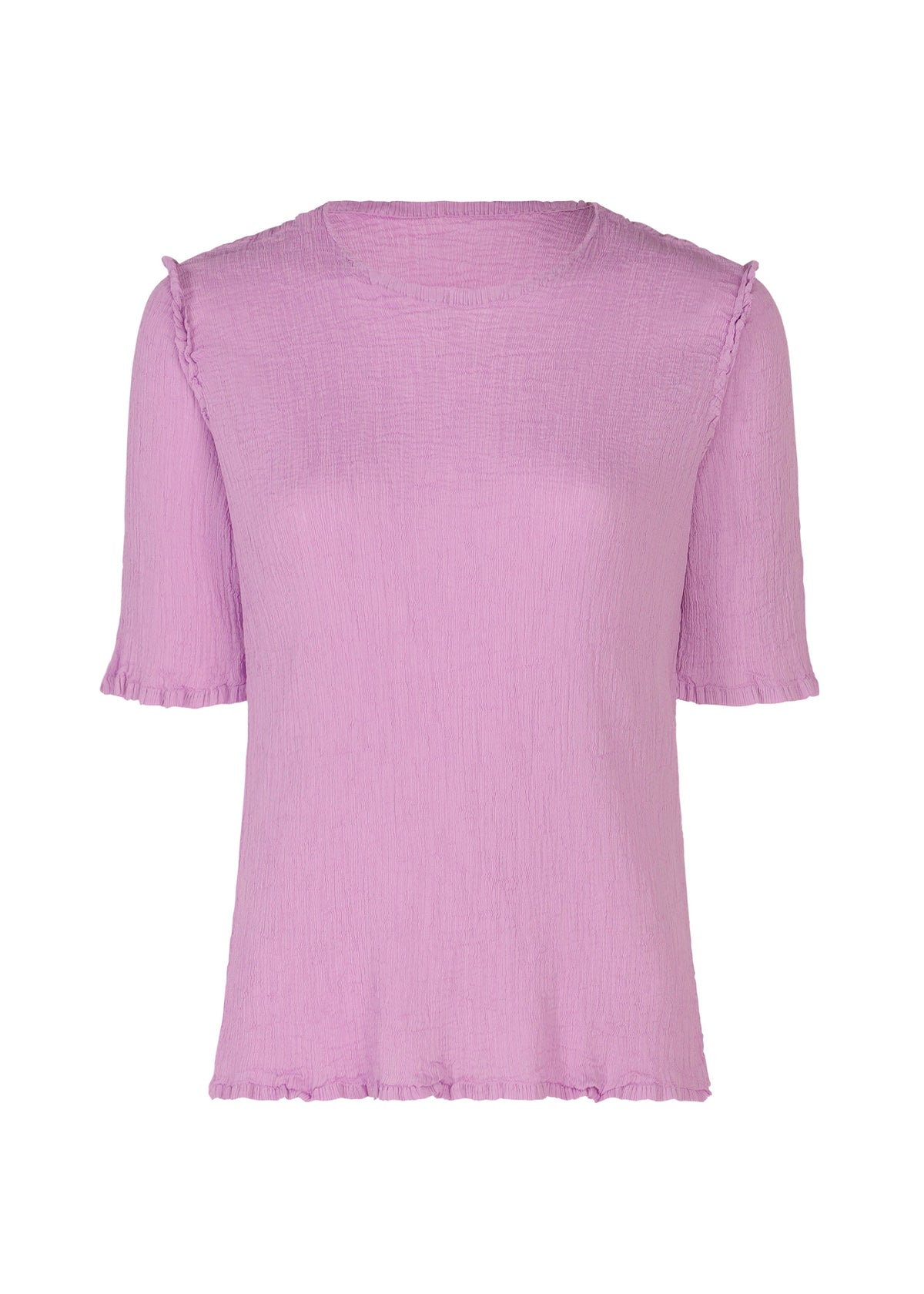 The SEE-THROUGH CREPE COLOR top by me ISSEY MIYAKE is a light purple, round-neck women's tee with short sleeves, garment-dyed textured fabric, and subtle ruffles at the sleeves, shoulders, and hem, shown on a plain white background. view 3 of 8