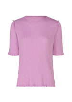 The SEE-THROUGH CREPE COLOR top by me ISSEY MIYAKE is a light purple, round-neck women's tee with short sleeves, garment-dyed textured fabric, and subtle ruffles at the sleeves, shoulders, and hem, shown on a plain white background. - LILAC （no.20）