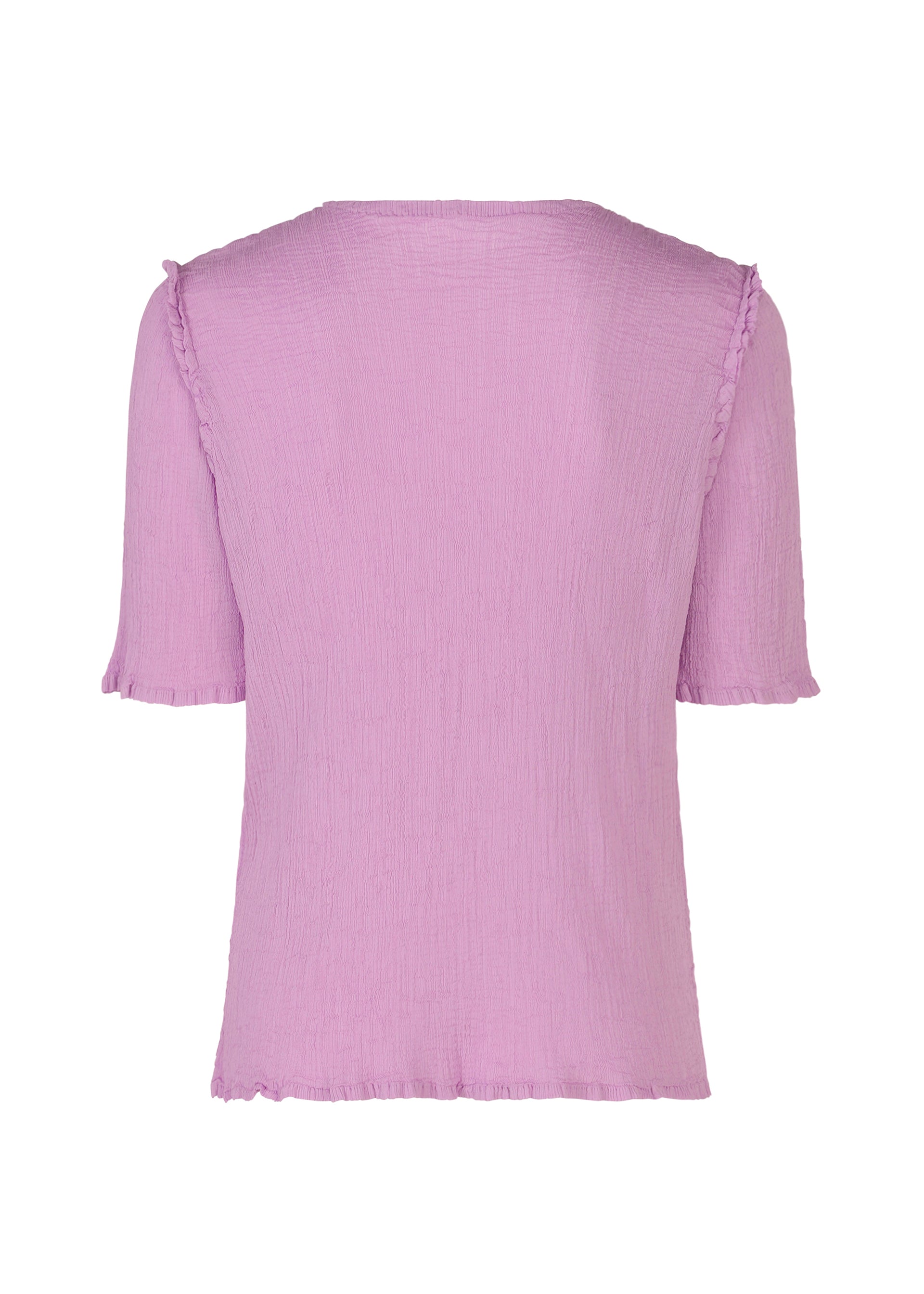Zoomed view Back view of the me ISSEY MIYAKE SEE-THROUGH CREPE COLOR top—round neck, short sleeves, light purple garment-dyed fabric with subtle ruffle trim on sleeves and hem—displayed against a plain white background.