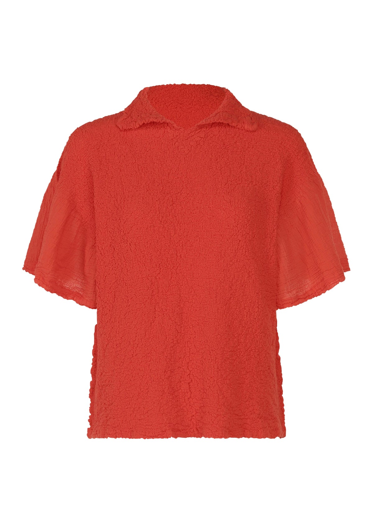 The SHEER CAULIFLOWER by me ISSEY MIYAKE is a red, short-sleeved blouse with a soft collar, flared sleeves, textured fabric, and slightly sheer details for relaxed cotton comfort and casual style. view 2 of 7
