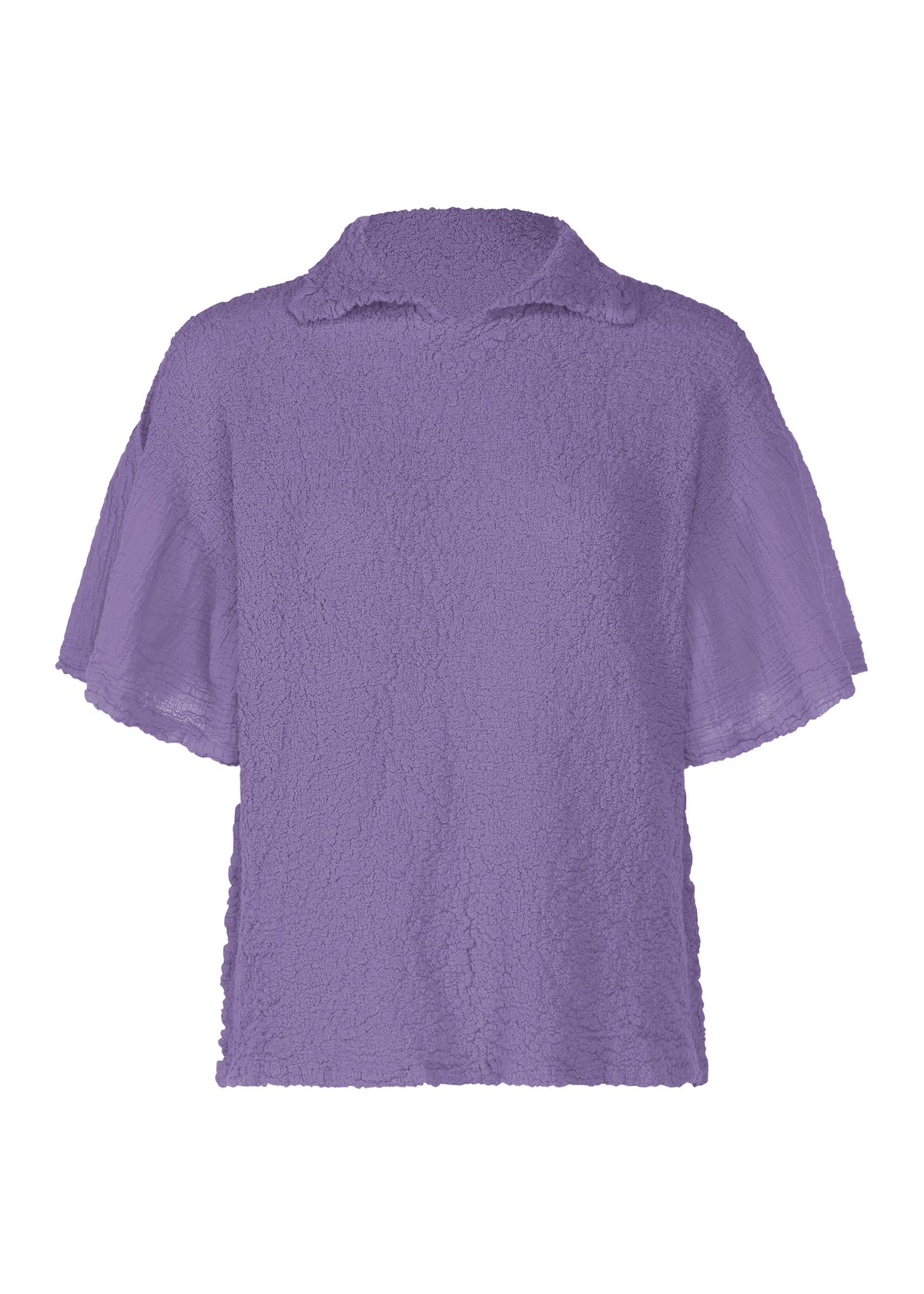 The SHEER CAULIFLOWER by me ISSEY MIYAKE is a lavender short-sleeve blouse with a textured finish, flared sleeves, and a small collar. Made of cotton for comfort, it features a relaxed fit and is shown on a white background. view 3 of 7