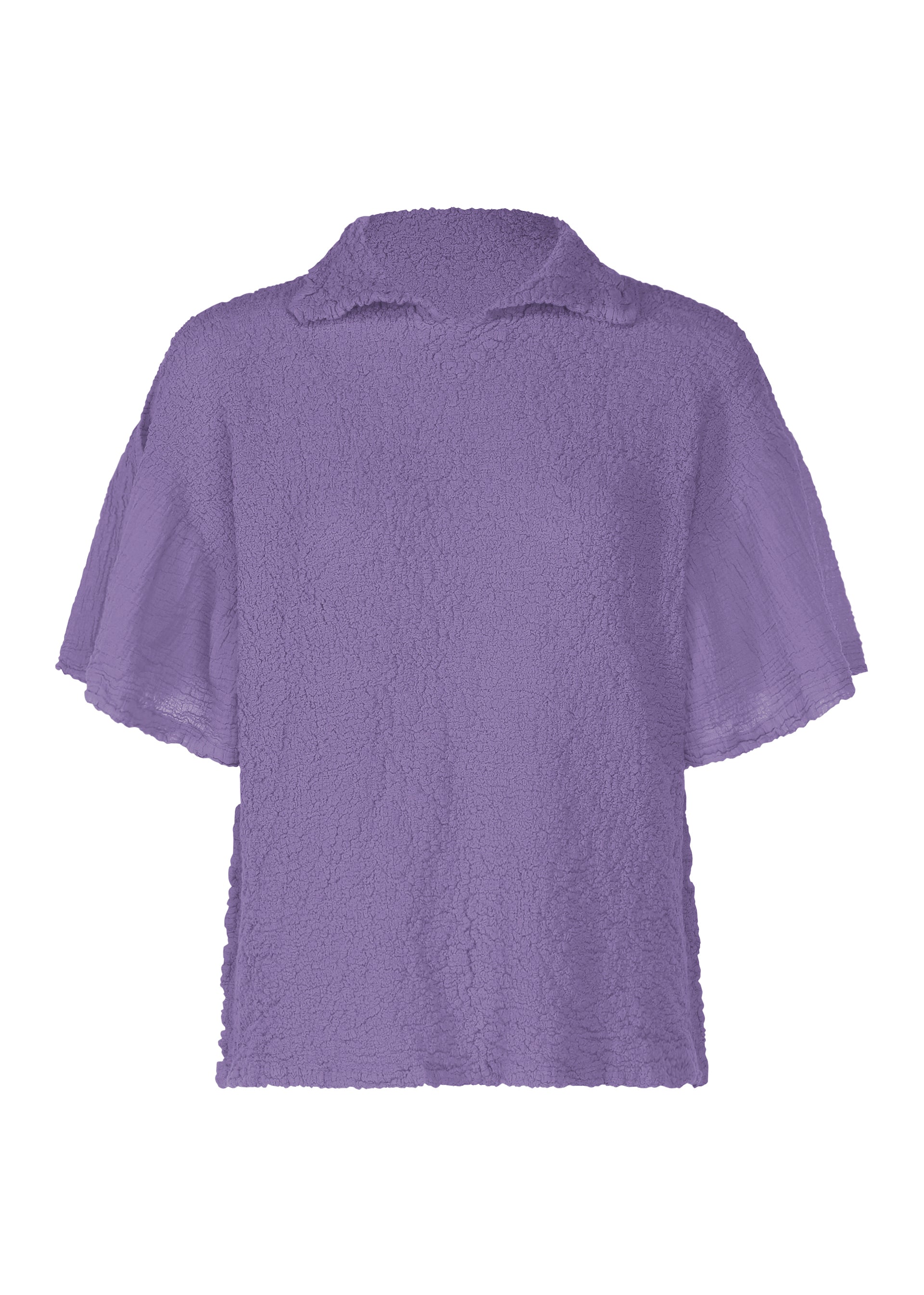 Zoomed view The SHEER CAULIFLOWER by me ISSEY MIYAKE is a lavender short-sleeve blouse with a textured finish, flared sleeves, and a small collar. Made of cotton for comfort, it features a relaxed fit and is shown on a white background. - VIOLET （no.82）