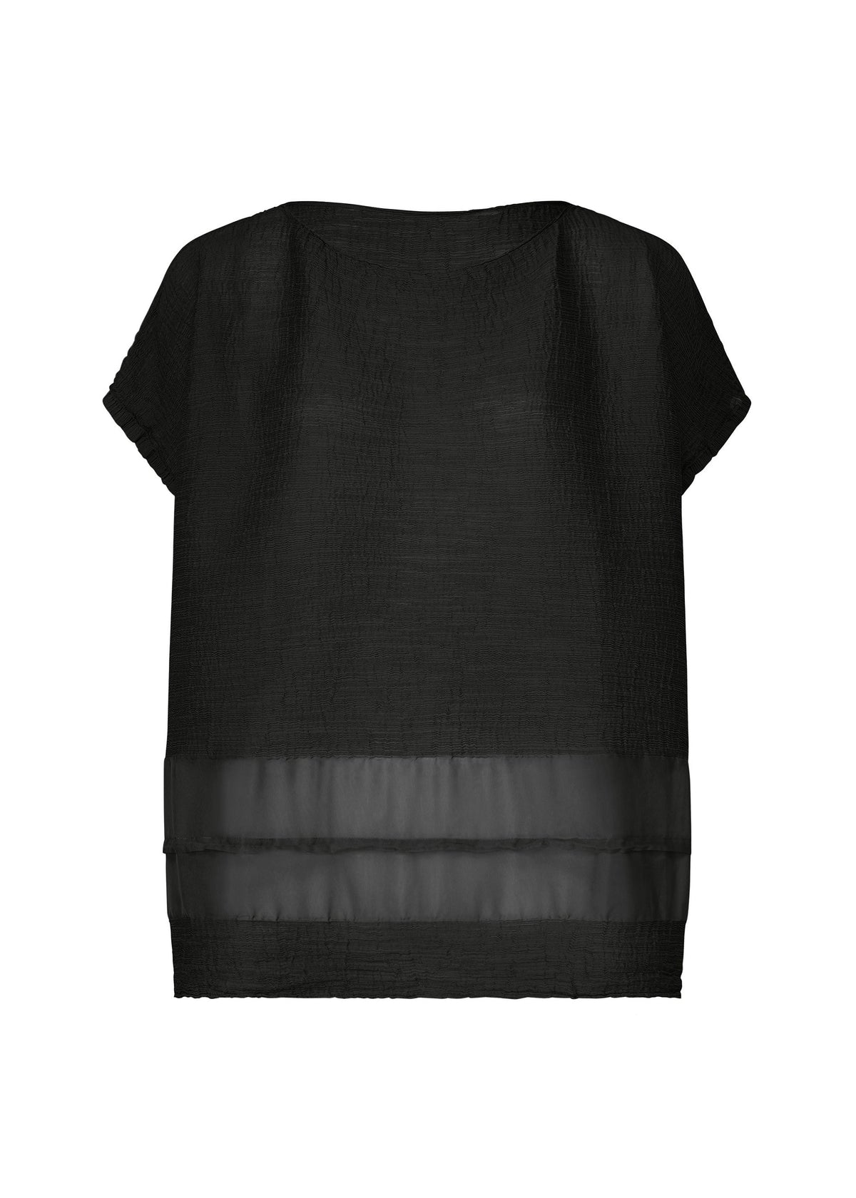 The SHEER SEE-THROUGH CREPE top by me ISSEY MIYAKE is black, with short sleeves, a loose boxy fit, and a sheer horizontal panel near the hem. view 1 of 7