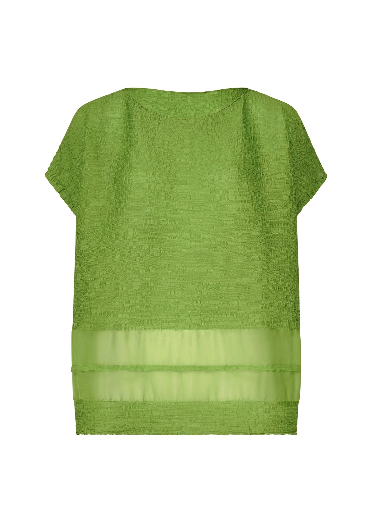 The SHEER SEE-THROUGH CREPE by me ISSEY MIYAKE is a green, short-sleeved blouse with a loose fit, textured garment-dyed fabric, and a sheer horizontal panel near the hem, shown against a white background. view 2 of 7
