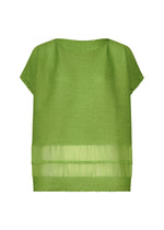 The SHEER SEE-THROUGH CREPE by me ISSEY MIYAKE is a green, short-sleeved blouse with a loose fit, textured garment-dyed fabric, and a sheer horizontal panel near the hem, shown against a white background. - LEAF GREEN （no.60）