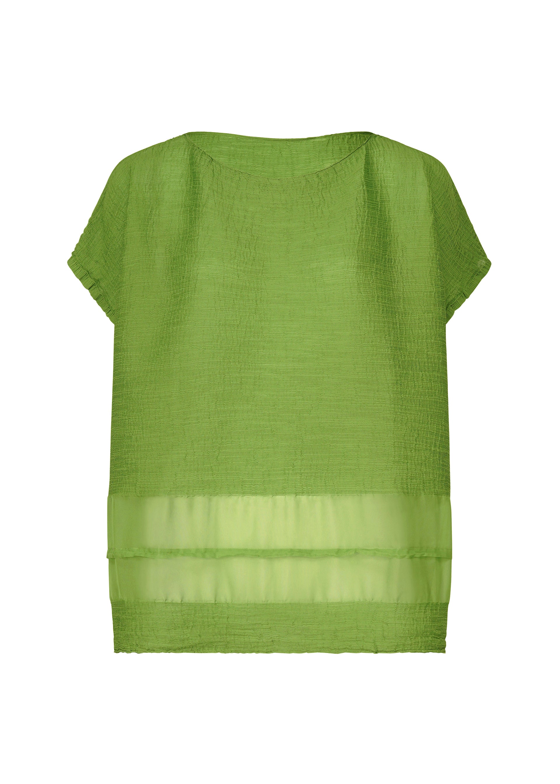 Zoomed view The SHEER SEE-THROUGH CREPE by me ISSEY MIYAKE is a green, short-sleeved blouse with a loose fit, textured garment-dyed fabric, and a sheer horizontal panel near the hem, shown against a white background. - LEAF GREEN （no.60）