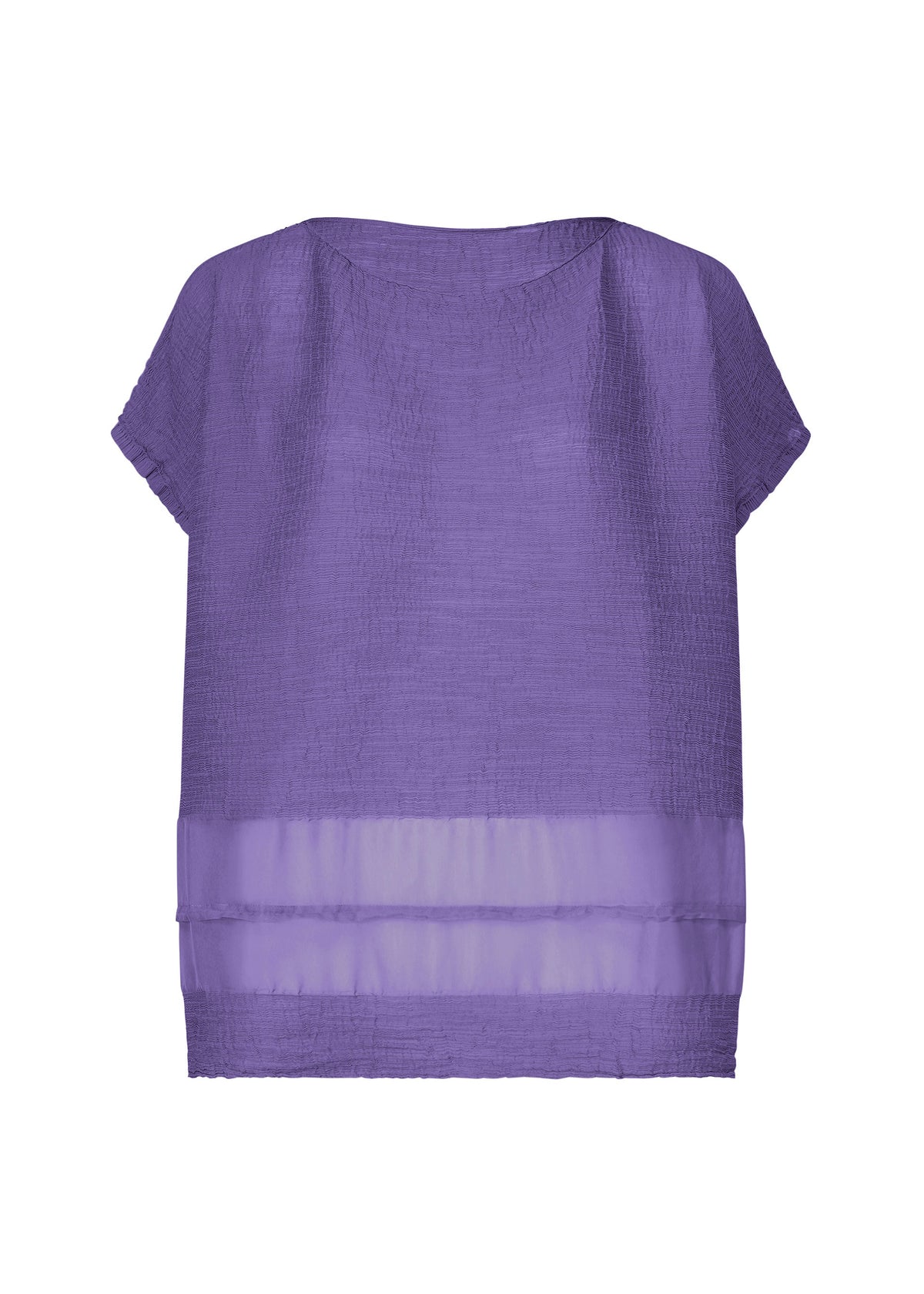 The SHEER SEE-THROUGH CREPE by me ISSEY MIYAKE is a loose-fit, short-sleeved purple blouse with a round neckline, textured garment-dyed fabric, and sheer horizontal stripe detail near the hem, shown on a white background. view 3 of 7