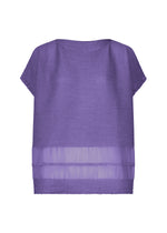 The SHEER SEE-THROUGH CREPE by me ISSEY MIYAKE is a loose-fit, short-sleeved purple blouse with a round neckline, textured garment-dyed fabric, and sheer horizontal stripe detail near the hem, shown on a white background. - VIOLET （no.82）