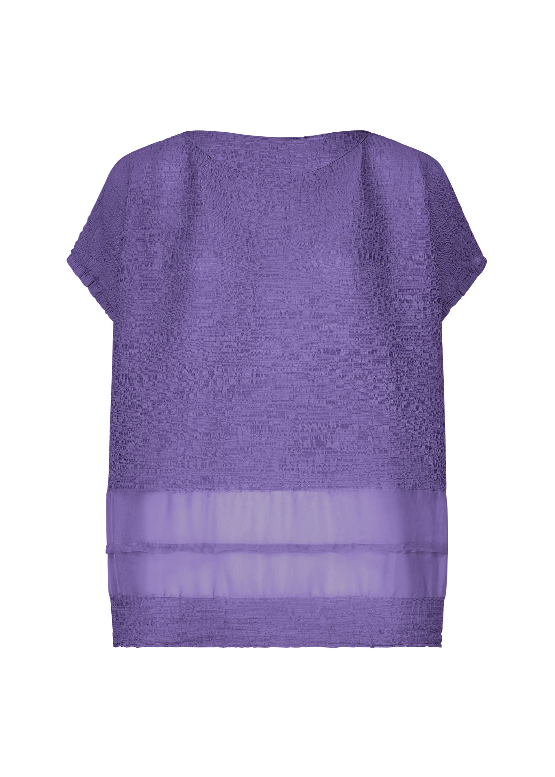 Zoomed view The SHEER SEE-THROUGH CREPE by me ISSEY MIYAKE is a loose-fit, short-sleeved purple blouse with a round neckline, textured garment-dyed fabric, and sheer horizontal stripe detail near the hem, shown on a white background. - VIOLET （no.82）
