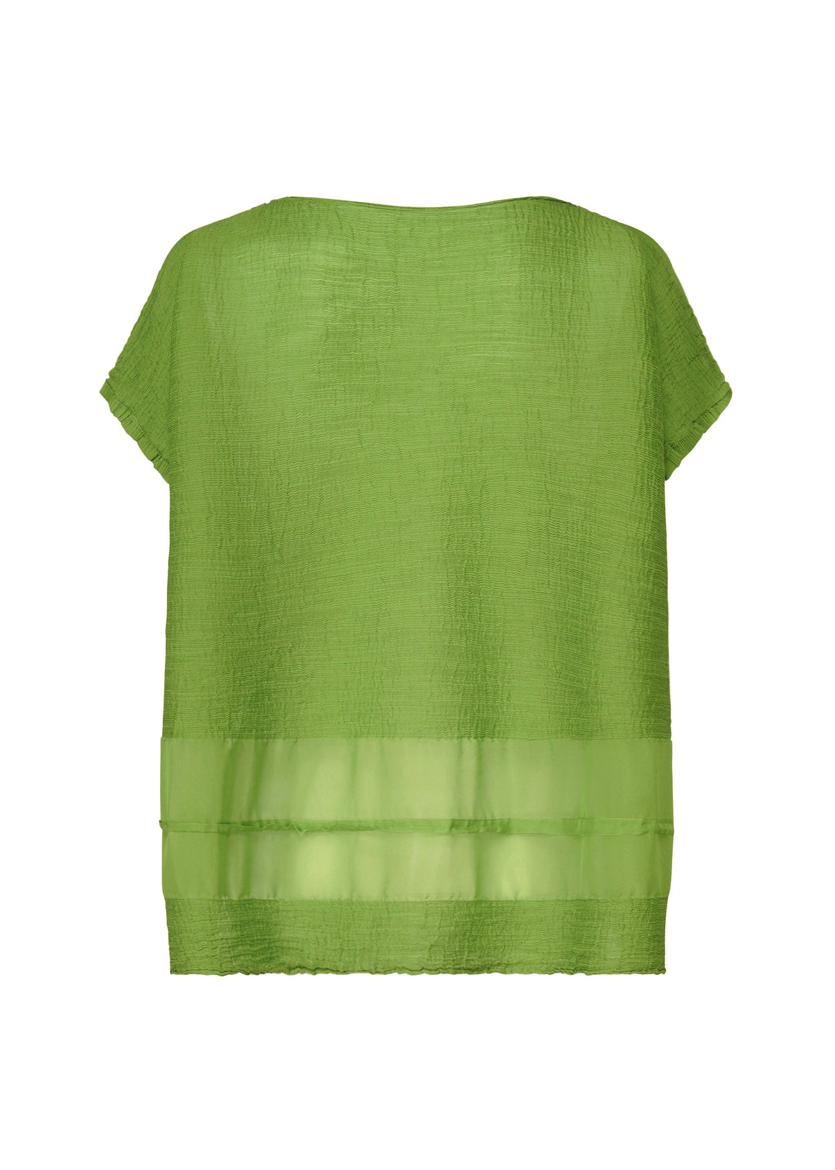 The SHEER SEE-THROUGH CREPE blouse by me ISSEY MIYAKE is a loose-fitting, short-sleeve green top made from garment-dyed, textured fabric with two sheer horizontal panels near the hem, shown against a white background. view 4 of 7