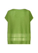 The SHEER SEE-THROUGH CREPE blouse by me ISSEY MIYAKE is a loose-fitting, short-sleeve green top made from garment-dyed, textured fabric with two sheer horizontal panels near the hem, shown against a white background.