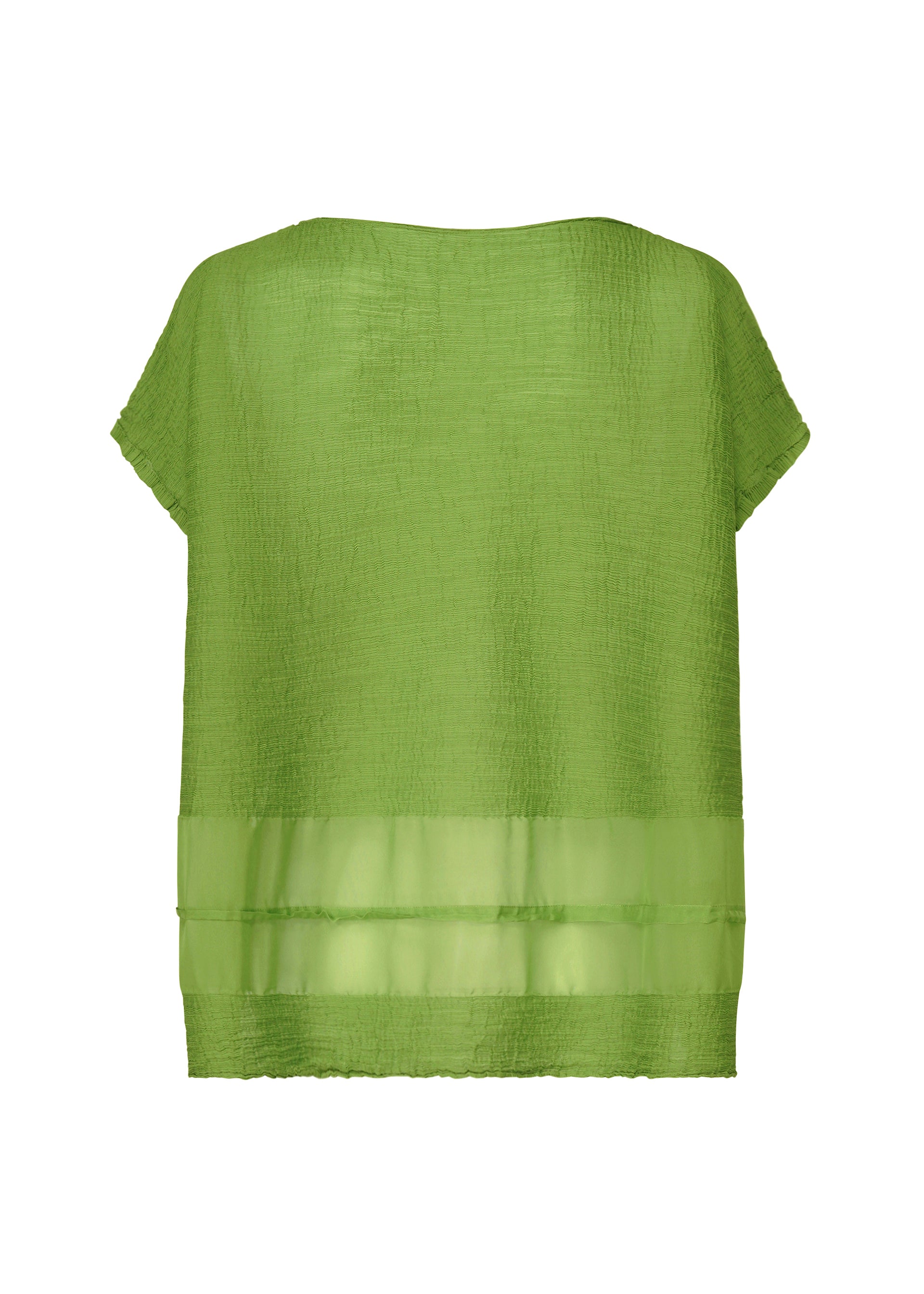 Zoomed view The SHEER SEE-THROUGH CREPE blouse by me ISSEY MIYAKE is a loose-fitting, short-sleeve green top made from garment-dyed, textured fabric with two sheer horizontal panels near the hem, shown against a white background.