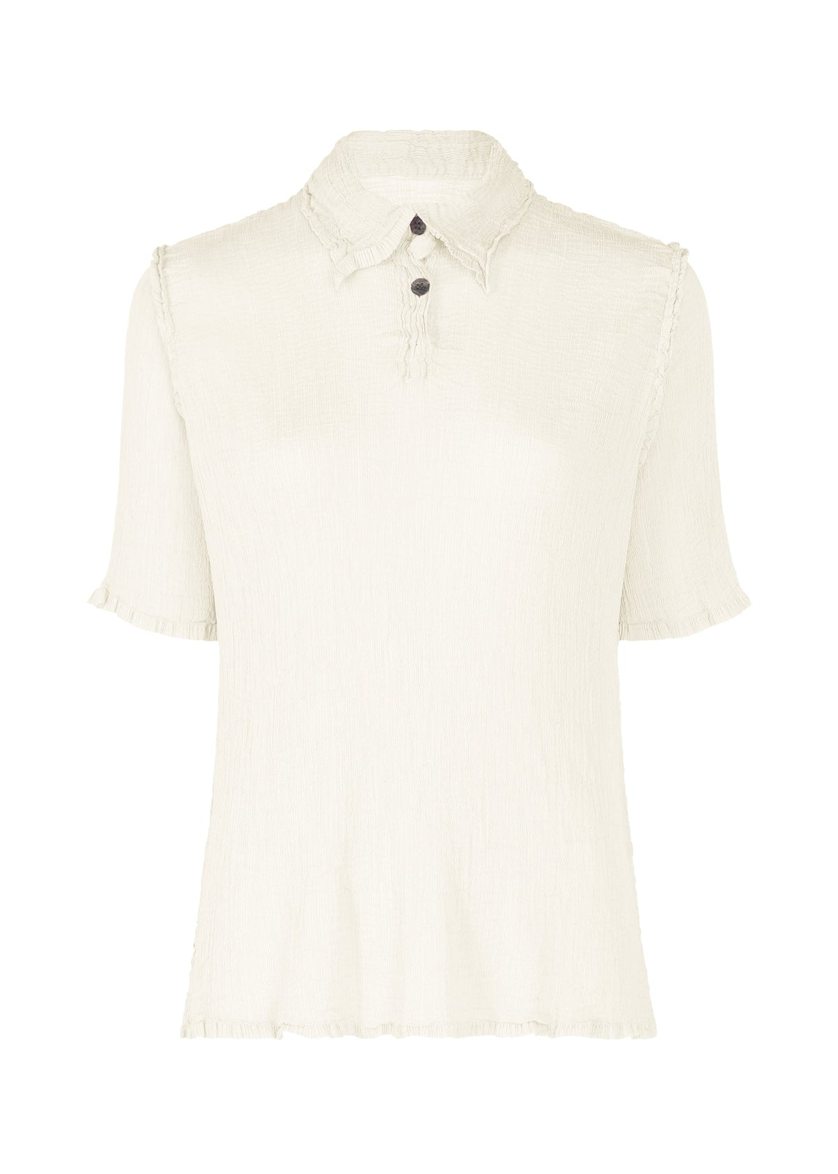 The SEE-THROUGH CREPE COLOR by me ISSEY MIYAKE is a cream-colored collared short-sleeve top made from garment-dyed crepe, featuring a crinkled texture, two buttons at the neckline, and subtle frill details at the sleeves and hem. view 1 of 9